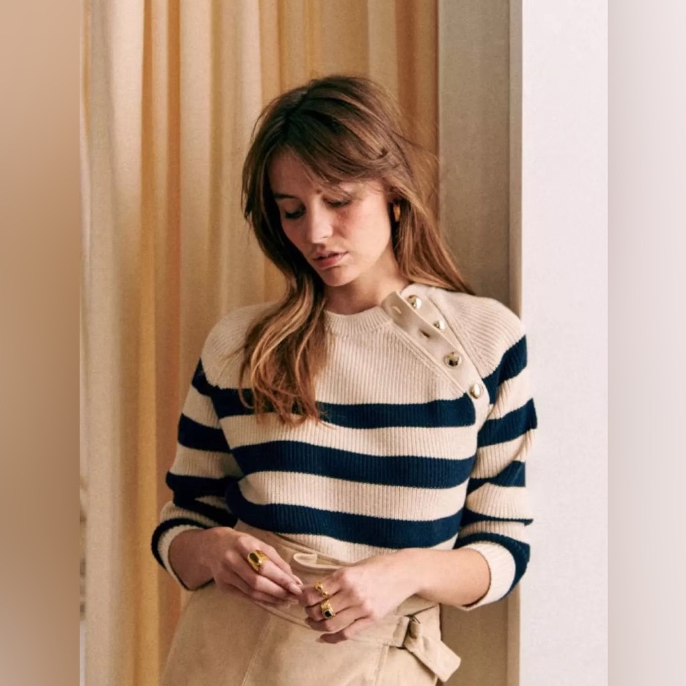 Sezane Gary Jumper Cotton Knit Sweater in Navy Blue Ecru Stripes Size Small